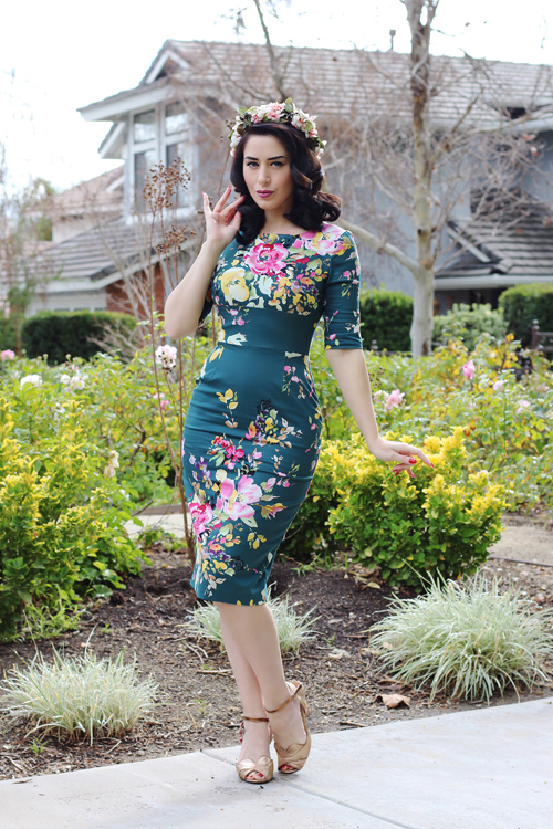 Unique Vintage The Pretty Dress Company Vintage Deep Green Seville Floral Half Sleeve Hepburn Wiggle Dress