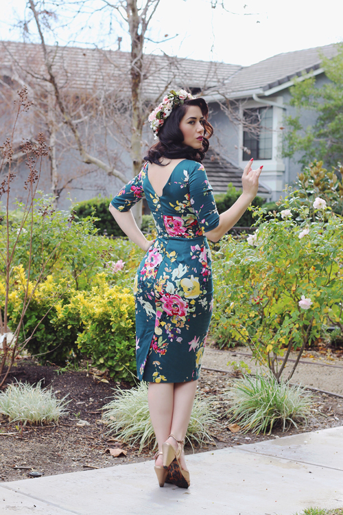 Unique Vintage The Pretty Dress Company Vintage Deep Green Seville Floral Half Sleeve Hepburn Wiggle Dress