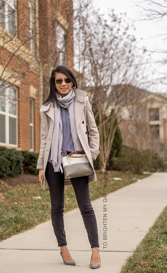 gray wool trench, gray scarf, navy striped button up shirt, colorblocked crossbody bag, black skinny jeans, gray suede pumps
