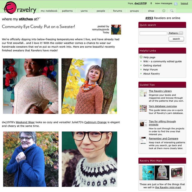 I'm sitting on my couch knitting and couldn't figure out why I got a ton of new Ravelry messages. Login and see my @pipibird_hk Mountain High sweater on the homepage 😊 I love the knitting community and the sweet things folks have to say and share :p