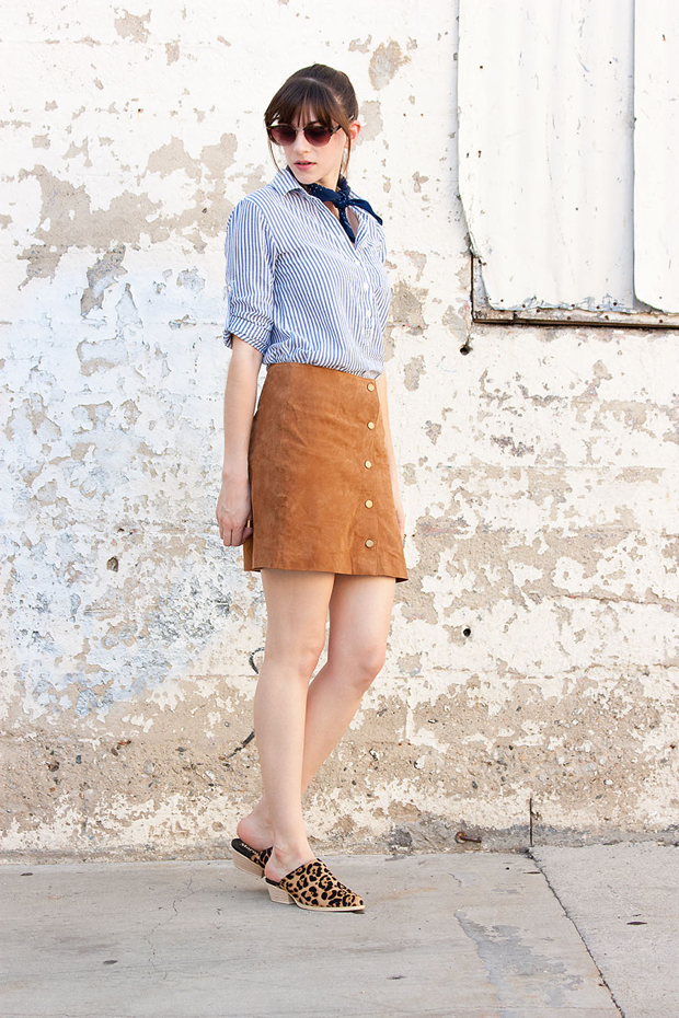 Suede Skirt, Striped Popover Shirt, Leopard Mules, Bandana Scarf