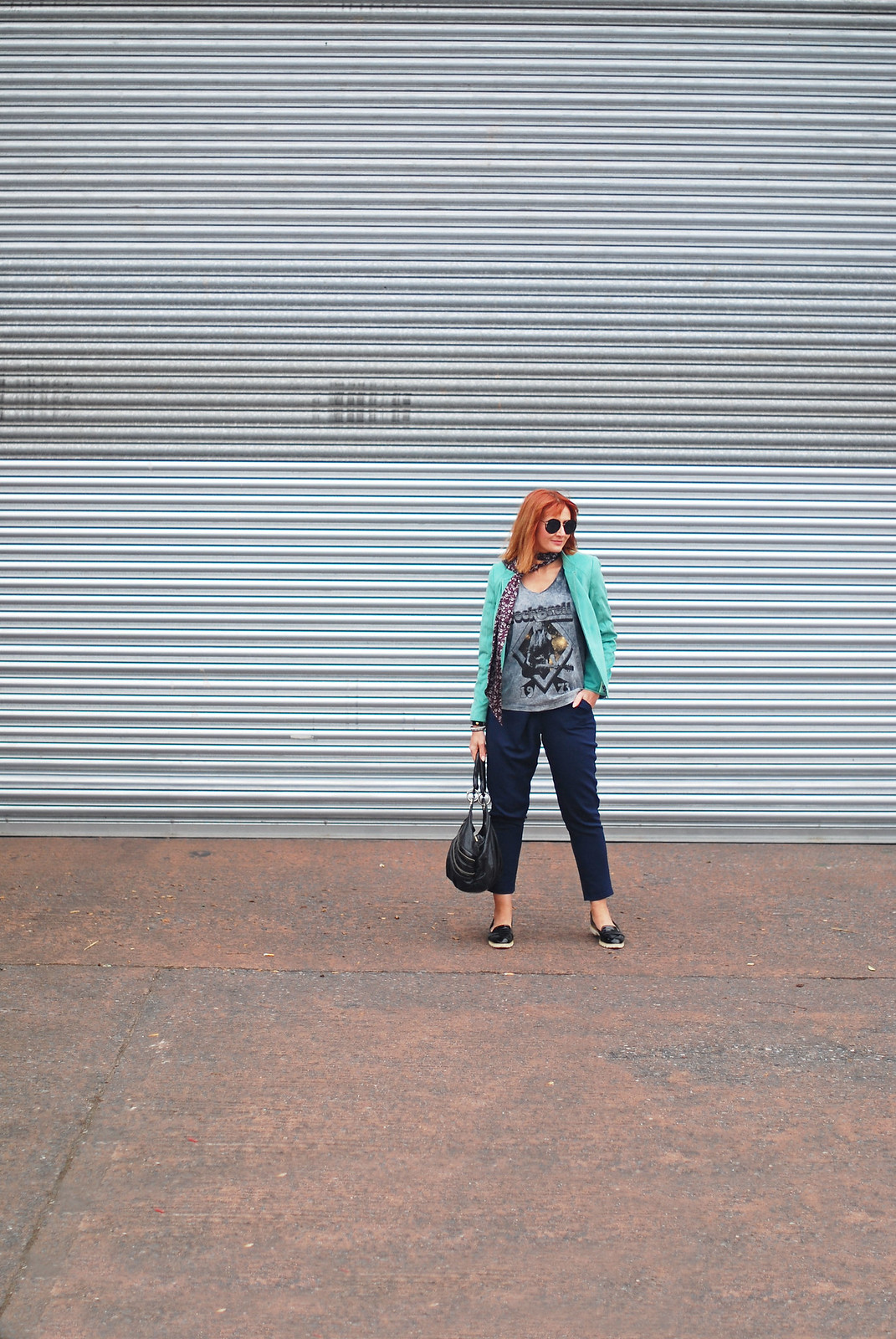 Rock Chic Meets Corporate Style: Navy and black with a rock tee, skinny scarf and mint biker jacket | Not Dressed As Lamb