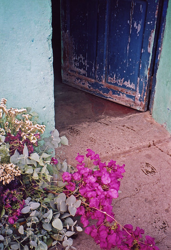 Blue door with bougainvillea flowers in Panajachel, Guatemala