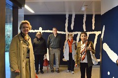Victoria Leyton, Kathy Hutchins, Chuck Babich, Kathy Babich, Angie Mariani at the entrance of Andlinger Center for Energy and the Environment, PU, 10/26/2016-DSC_0008