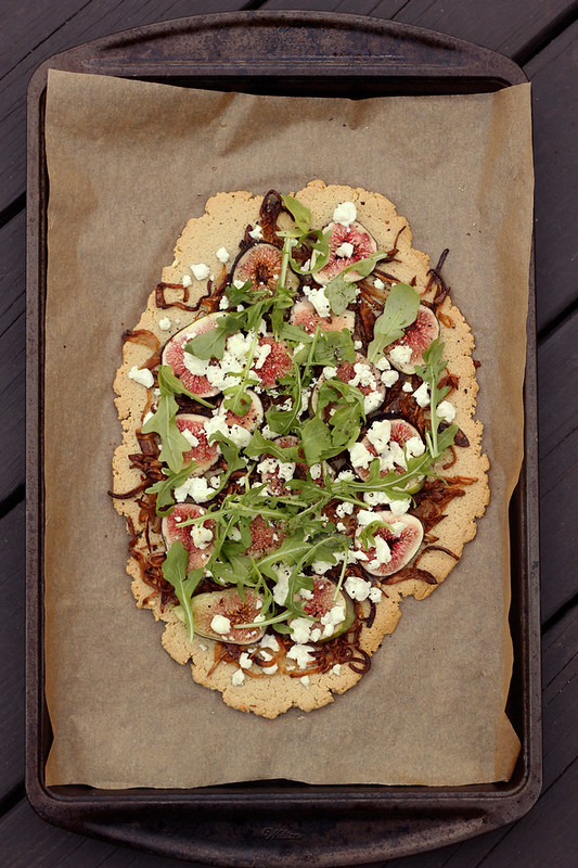 Grain-free Flatbread with Figs, Caramelized Shallots, Goat Cheese and Arugula (Gluten-free with vegan options)