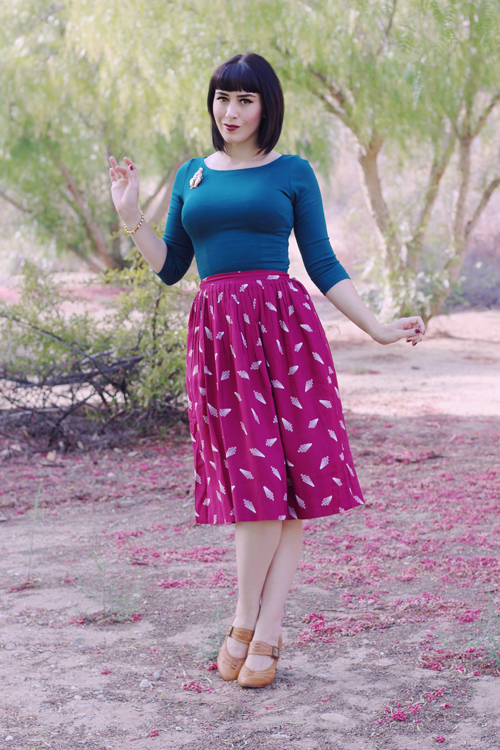 Emily and Fin Abigail Skirt in Bordeaux Twenties Geo Print Pinup Girl Clothing Laura Byrnes Sabrina Top in Teal Remix Vintage Shoes It Girl Heels