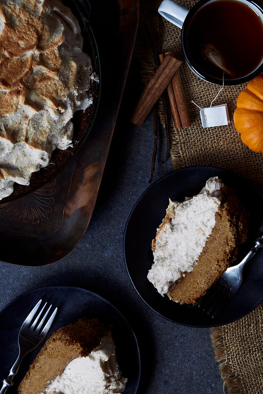 Grain-free Pumpkin Pie with Gingersnap Macaroon Crust and Cinnamon Vanilla Meringue