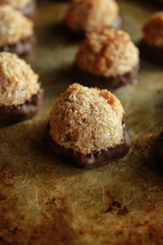 Vegan Chocolate Dipped Toasted Coconut Macaroons from HeatherChristo.com