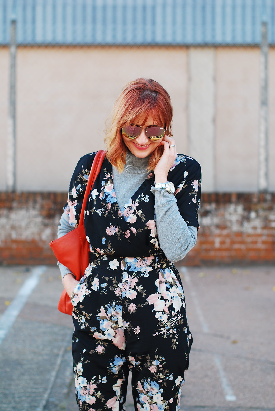 Dark floral jumpsuit styled for autumn / fall / winter layered with a roll neck, boots | Not Dressed As Lamb, over 40 style