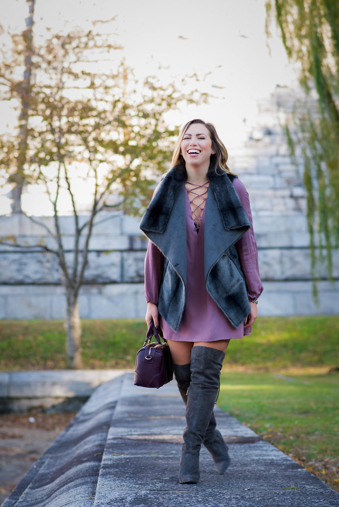 Tobi Lace Up Purple Dress | Gray Fur Vest | Gray Suede Over the Knee Boots | Fall Outfit Living After Midnite Style Jackie Giardina