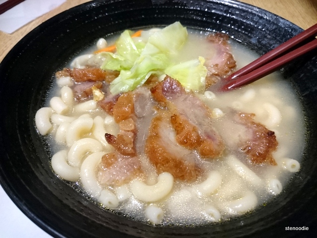 BBQ pork in macaroni and soup