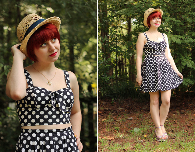 Polka Dot Matching Set with a Straw Hat