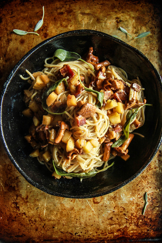 Pasta with Apple, Bacon and Chantrelle Mushrooms- Gluten and Dairy Free from HeatherChristo.com