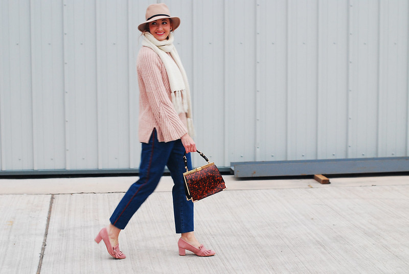 Casual autumn/fall outfit - Blush pink cable knit sweater, peg leg jeans, camel fedora, Gucci-inspired pink fringed block heel loafers, tortoiseshell handbag | Not Dressed As Lamb, over 40 style blog