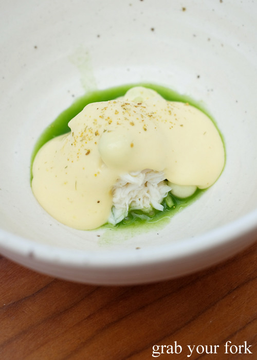 Sand crab with koji zabaione, green apple and fennel pollen at LuMi Dining in Pyrmont Sydney
