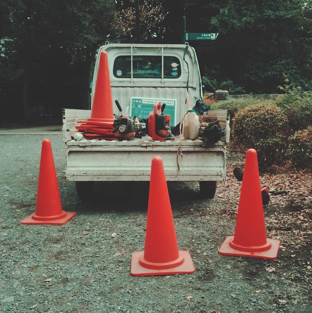 Traffic cones on truck bed