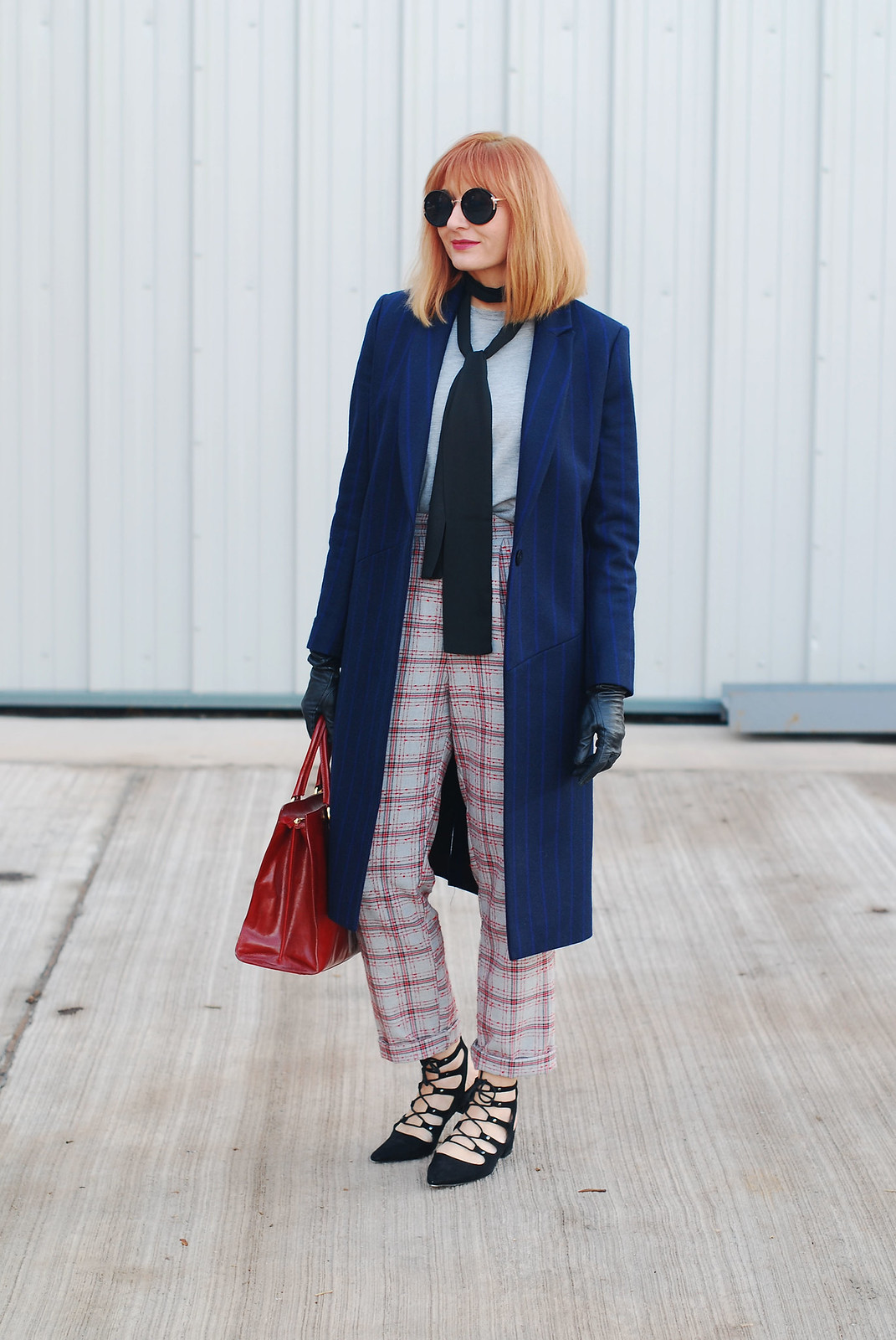 Smart autumn/winter outfit fall style long navy pinstripe coat, check trousers, heeled ghillie shoes and black skinny scarf | Not Dressed As Lamb, over 40 style