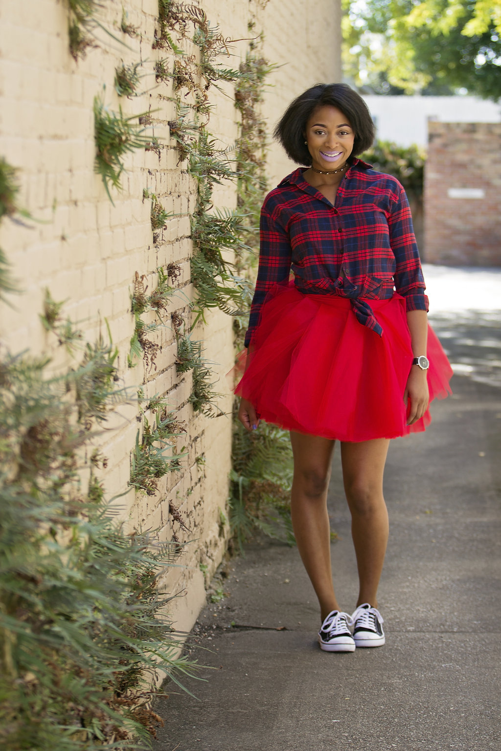 red tulle skirt, boohoo trainers