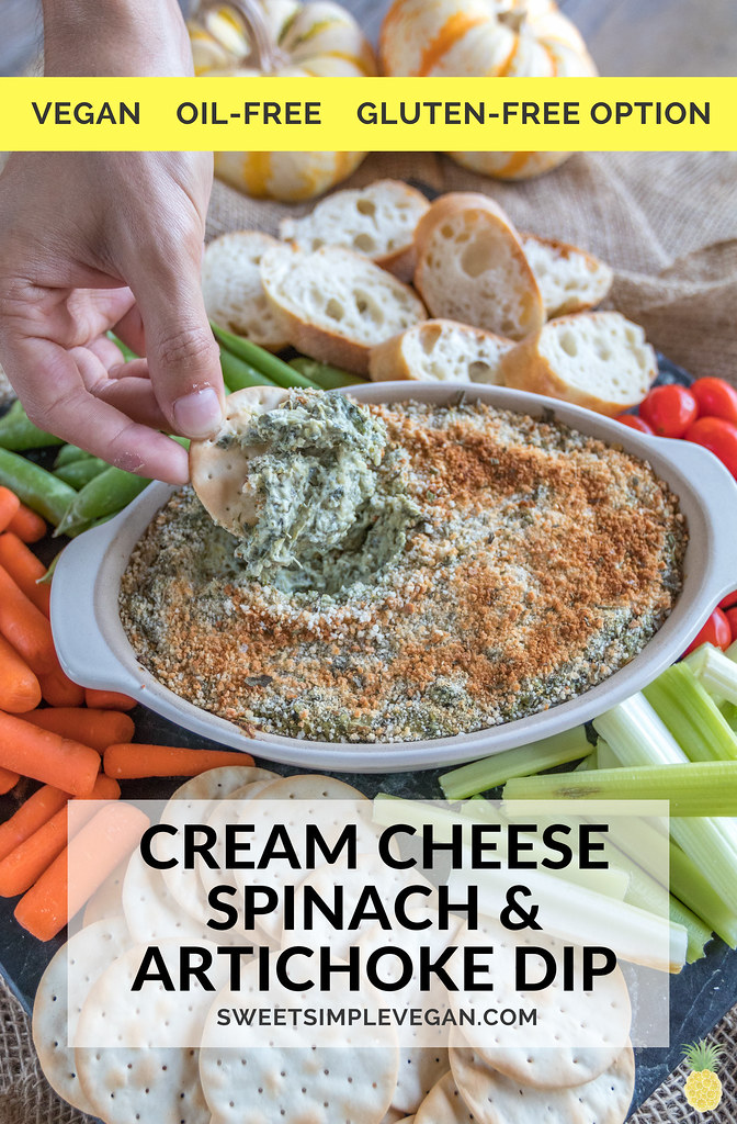 Cream Cheese Spinach & Artichoke Dip {oil-free with gluten-free option} sweetsimplevegan.com