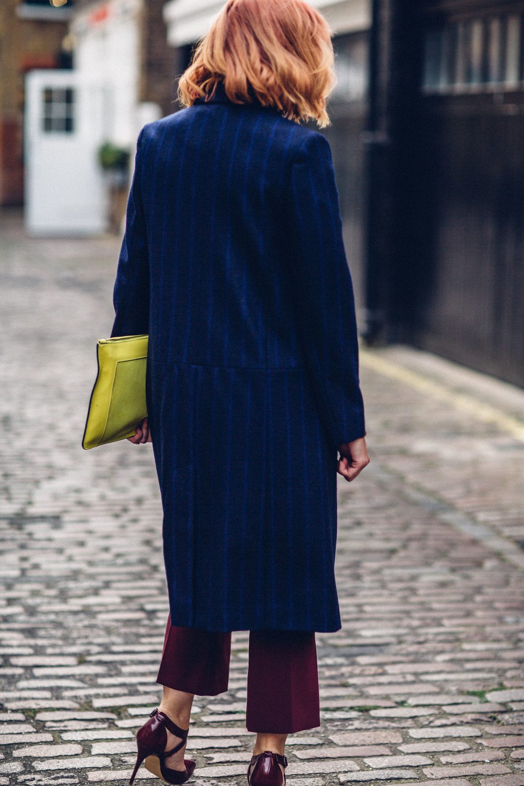 Bold jewel colours Autumn look fall outfit smart winter wear layering Jaeger Longline pinstripe coat, red roll neck, burgundy cocoon dress and cropped flares, yeloo suede clutch | Not Dressed As Lamb, over 40 style