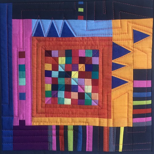 "Will I Remember Colour?" A quilted response to the book Still Alice. 11 2/2" square. Piecing techniques à la Gwen Marston.