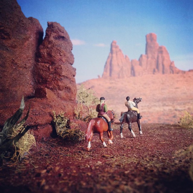 Some of my tiniest models out for a ride in the desert. The diorama was made by me and I painted the models too.  #model horses #modelhorsephotography #microminihorse #HOscale