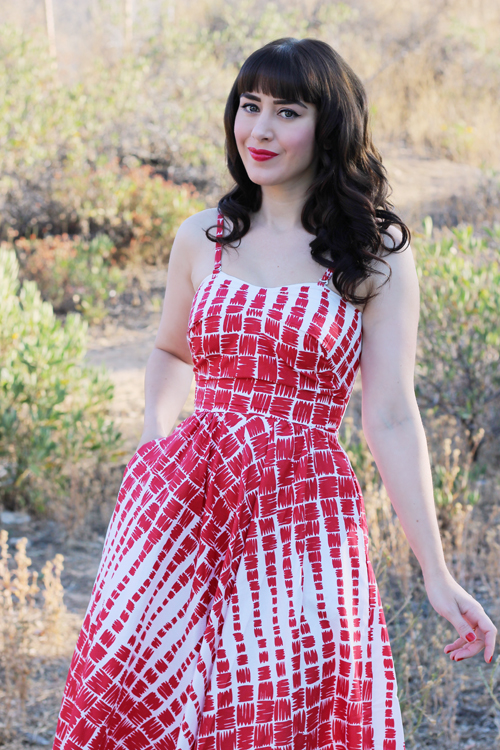 Unique Vintage 1950s Style Red & Cream Darcy Printed Swing Dress