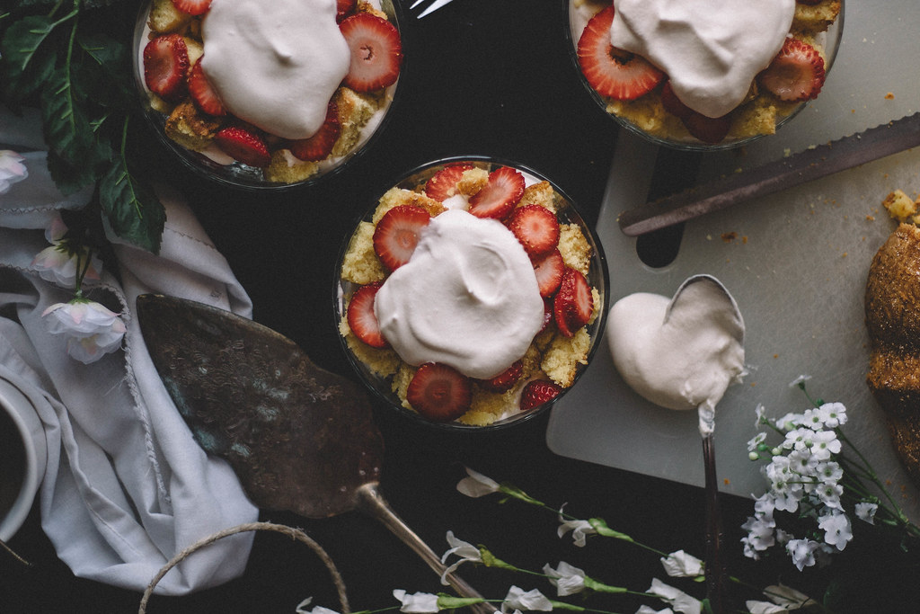Strawberry Butternut Poundcake Parfaits with Whipped Rose Water Cream