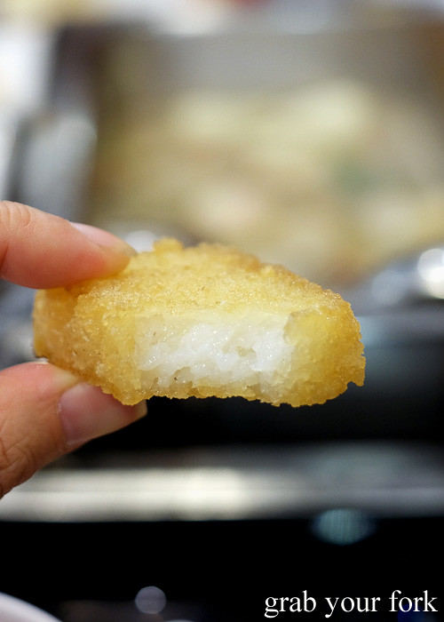 Inside the deep fried glutinous rice cake at Shancheng Hotpot King, Sydney