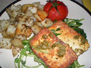 Pan-Fried Tofu and Watercress with Lemon-Caper Sauce; Garlic Roasted Potato (HIAV); Truss Tomato