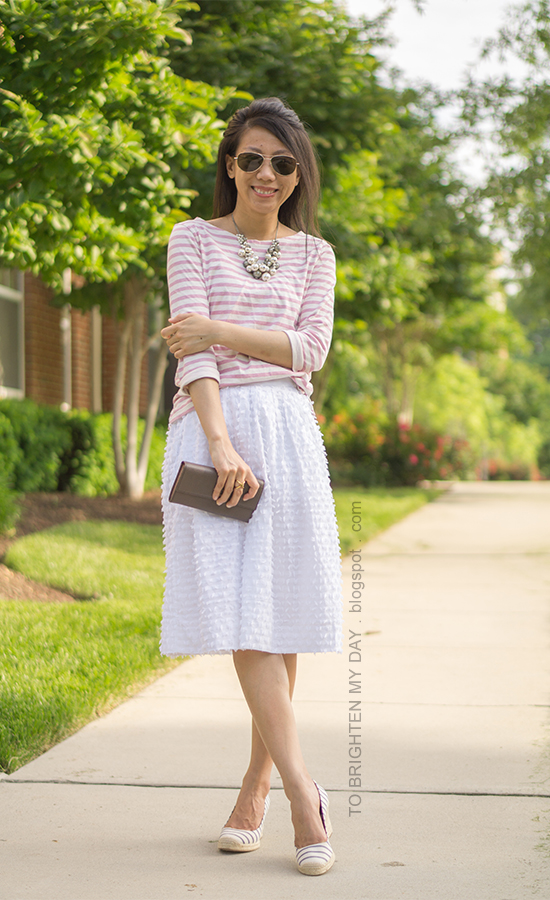 mixed pearl necklace, pink striped top, white midi skirt, taupe clutch, striped espadrille wedges