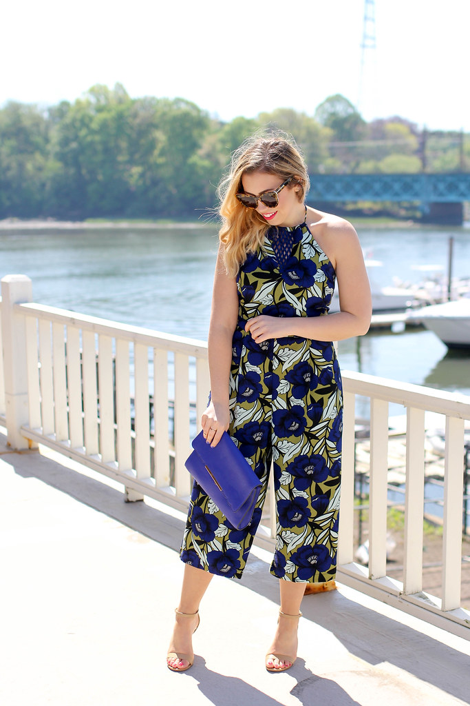 Design Lab Lord & Taylor Blue Floral Print Culotte Romper | Summer Outfit Inspiration | Greenwich Conneticut Harbor Photography | Living After Midnite by Jackie GIardina | Style Blogger