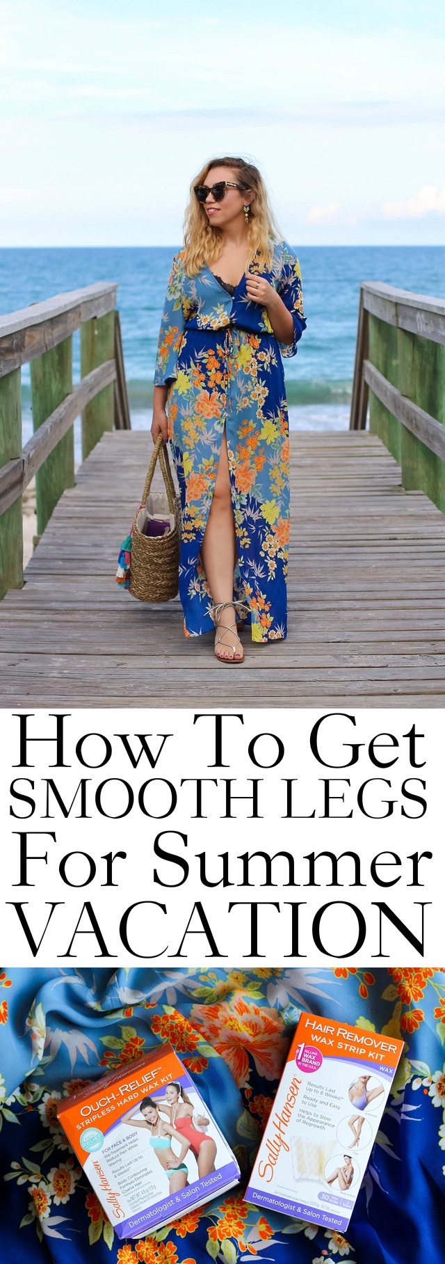 How to Get Smooth Legs for Summer Vacation with Sally Hansen | Sally Hansen Wax Strips | Guess Blue Floral Maxi Duster Dress | Steve Madden Lace Up Gold Sandals | Straw Tote Bag | Summer Vacation Outfit | Travel Style Inspiration | Vero Beach Florida | Li