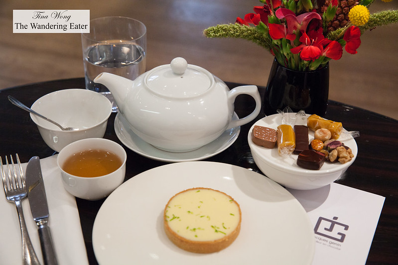Basil lemon tart and You Xiang (green tea) and some chocolates and signature passion fruit caramels