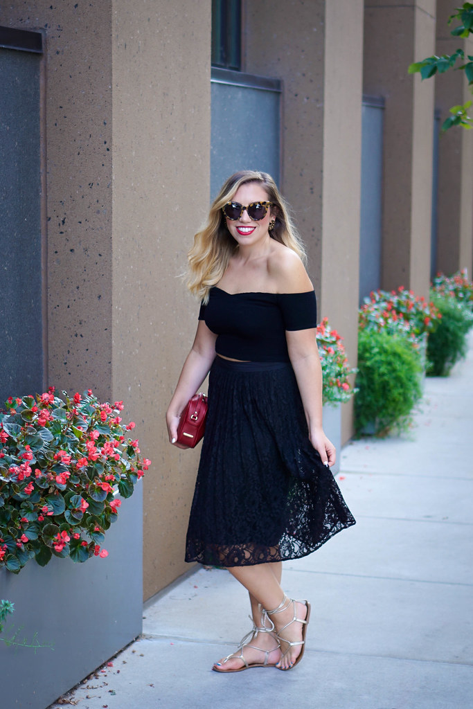 Black Off Shoulder Crop Top Black Lace Midi Skirt Red Gigi New York Clutch Early Fall All Black Outfit