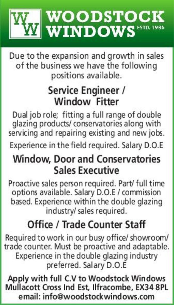 Woodstock windows are recruiting fitters