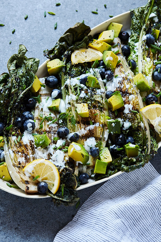 Grilled Romaine Salad with Blueberries, Avocado and Creamy Lemon Tarragon Vinaigrette