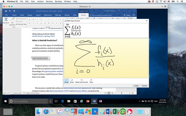 Entering an Ink Equation in Word for Windows 2016 on a Mac