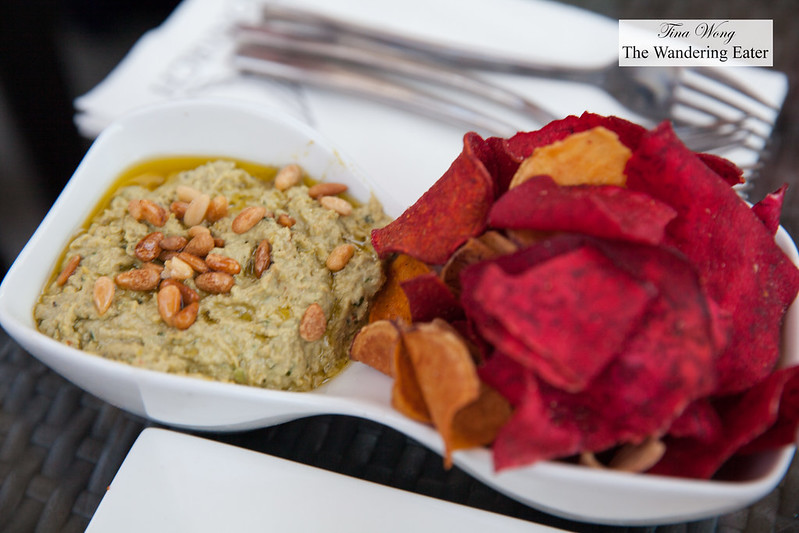 Green pea hummus, basil, mint & parsley topped with toasted pignoli served with vegetable chips