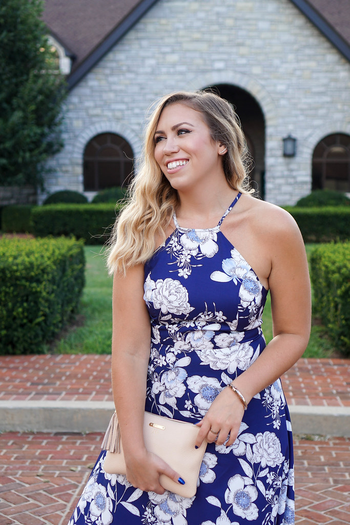 What to Wear to a Southern Wedding | Blue Floral Maxi Dress | Wedding Guest Attire Keeneland Lexington Kentucky Living After Midnite Blogger Jackie Giardina