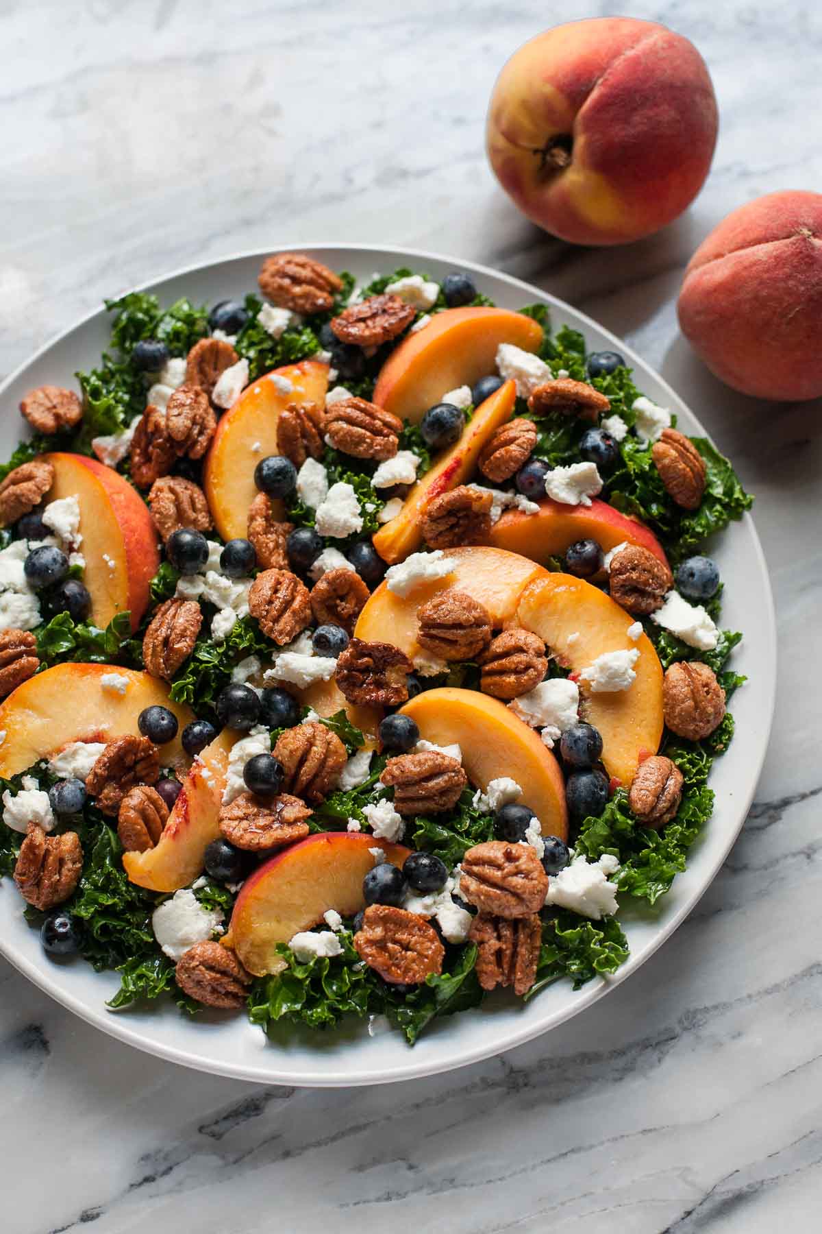 Summer Kale Salad with Peaches and Candied Pecans